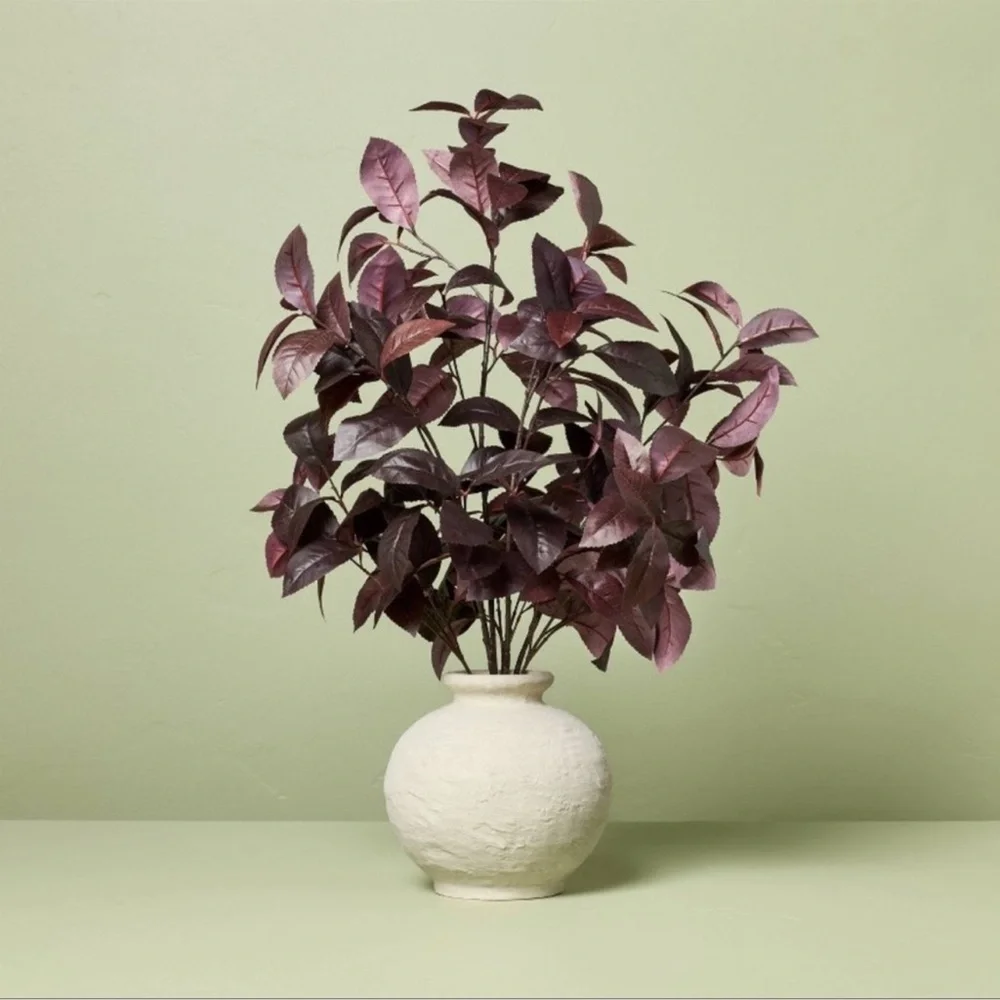 NWT Hearth and Hand Plum Faux Leaf Arrangement in Off white Vase
